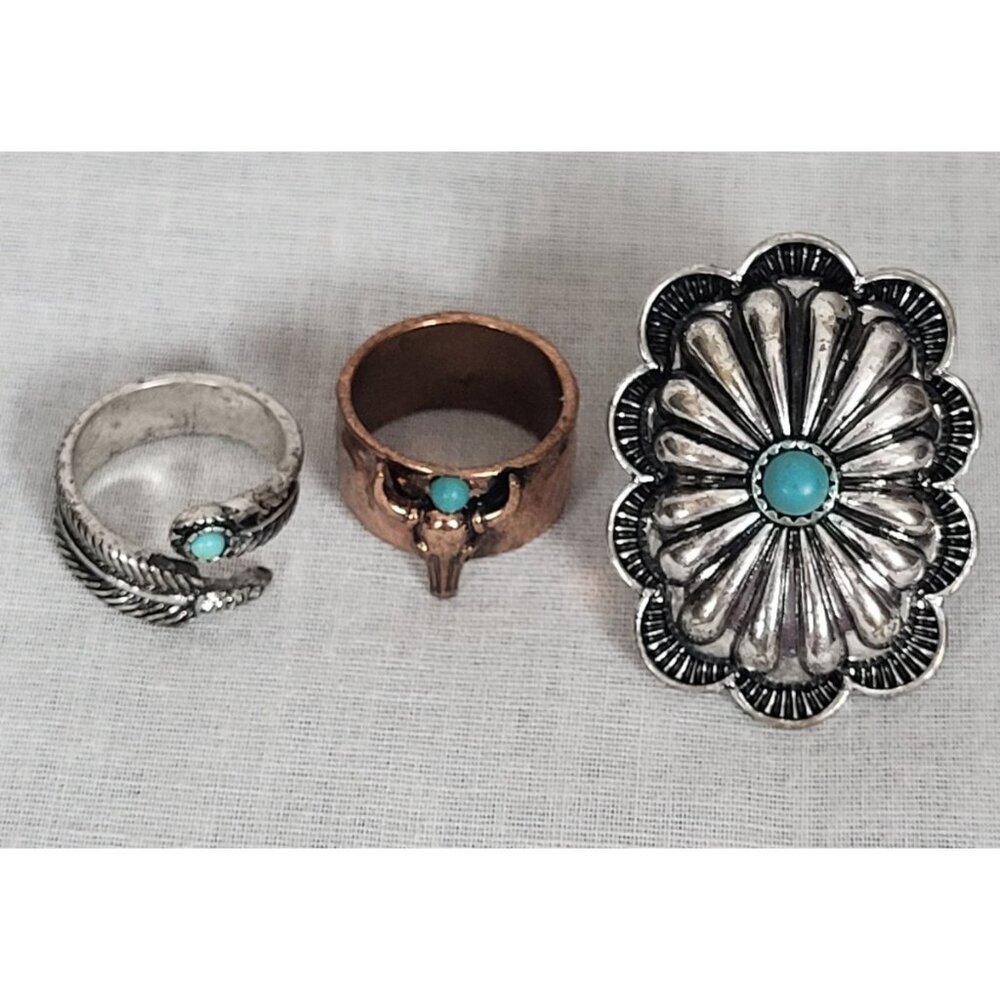 Lot Of 3 Turquoise Rings Women's Sz 6.5 Shyanne Western Jewelry NEW Feather